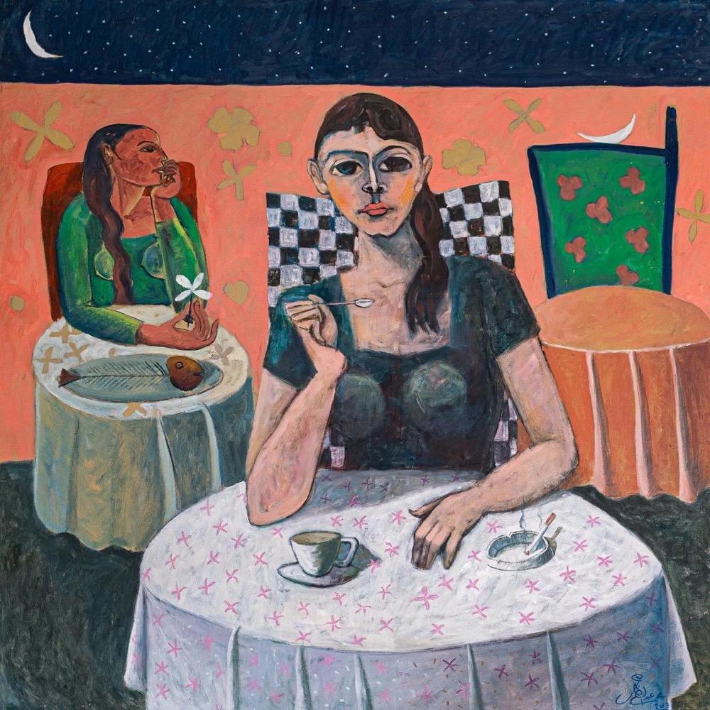 "Appuntamento per uno" Pittura ad olio figurativa di 47" x 47" pollici di Omar Abdel Zaher