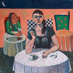 "Appuntamento per uno" Pittura ad olio figurativa di 47" x 47" pollici di Omar Abdel Zaher