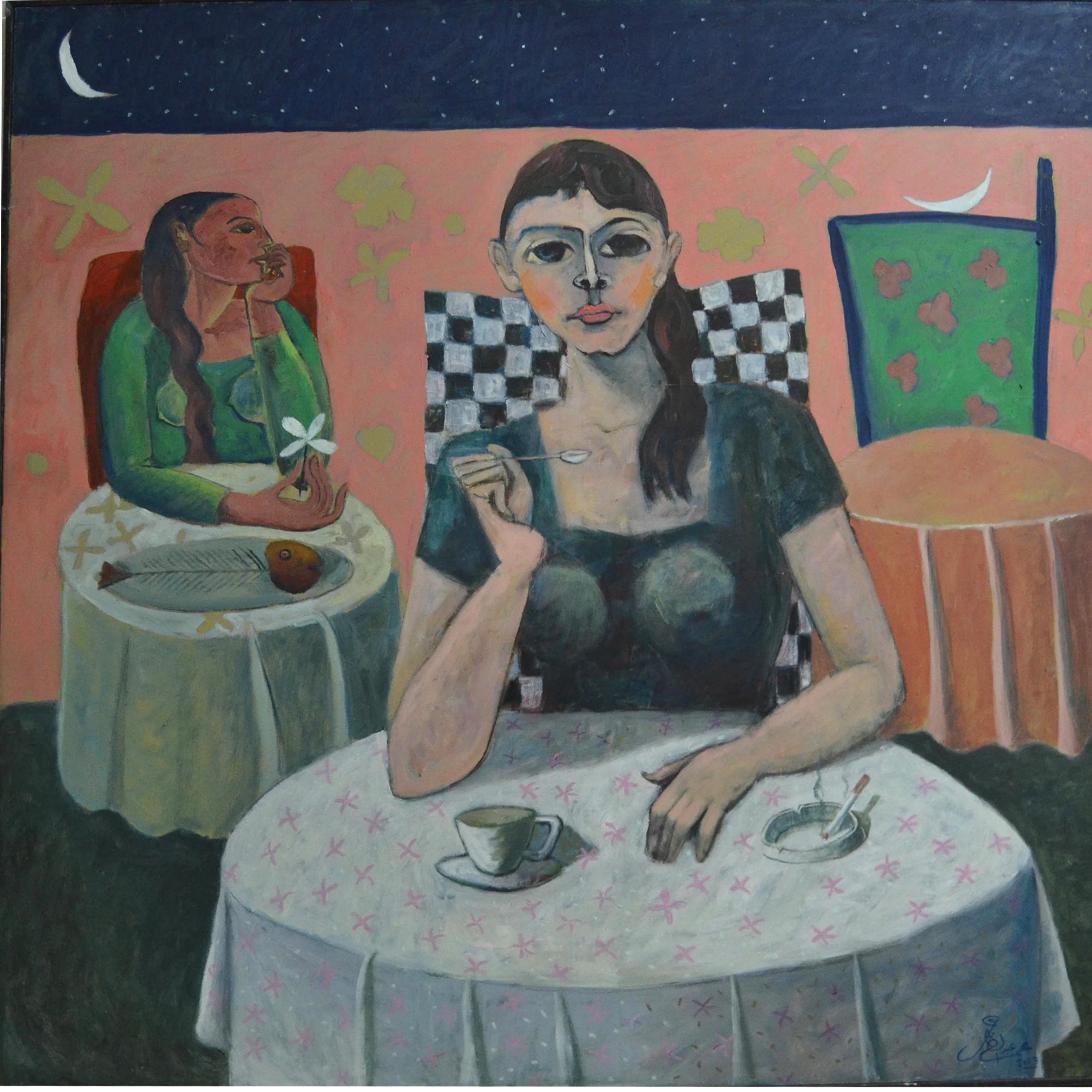 « Date for One », peinture à l'huile de 120 cm x 120 cm d'envergure par Omar Abdel Zaher