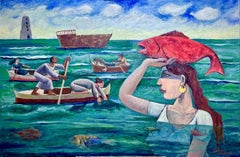 "Figlia del mare" Pittura ad olio figurativa da 39" x 59" pollici di Omar Abdel Zaher