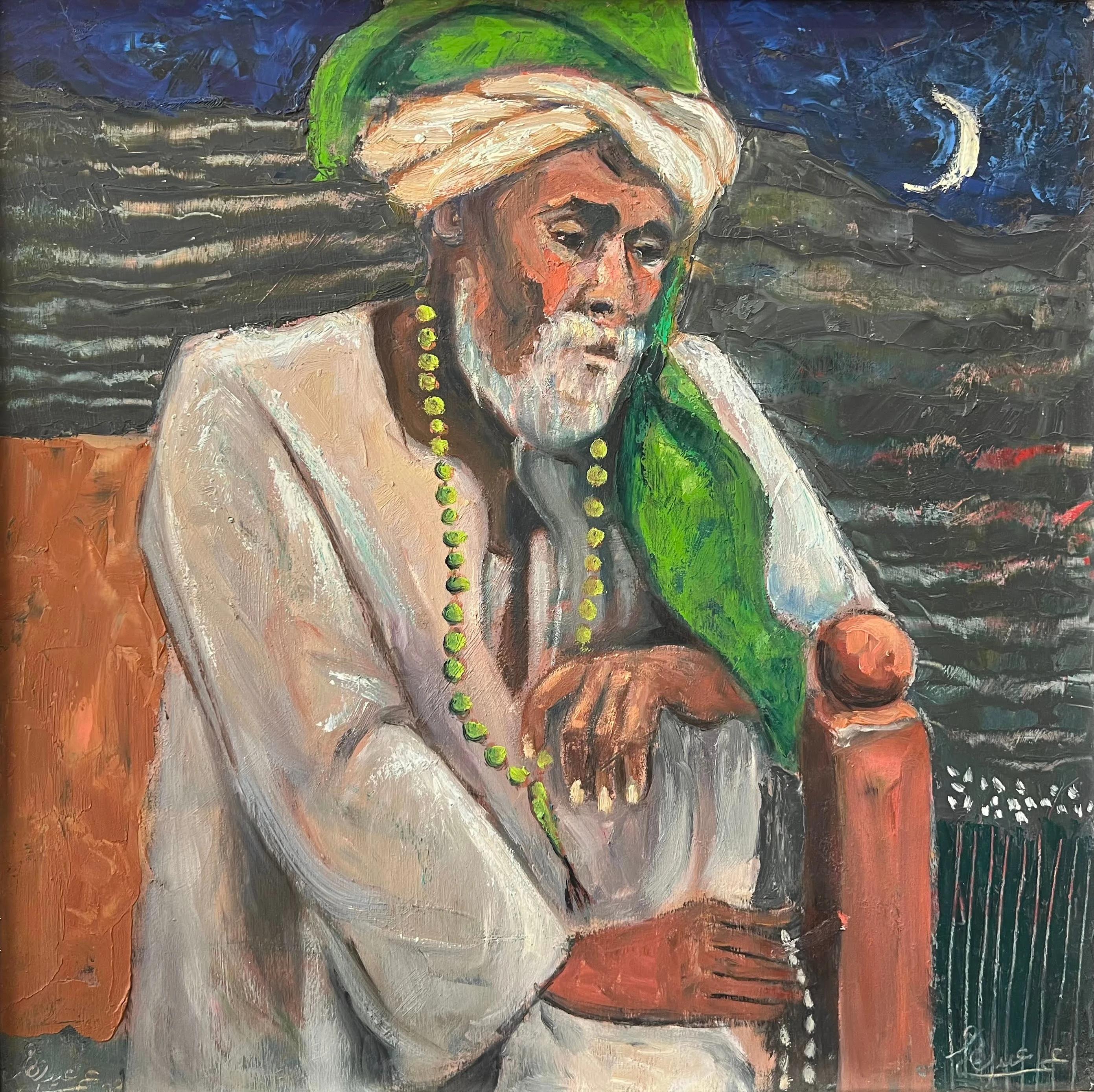 „El Omda“, Ölgemälde, 19 Zoll x 19 Zoll, von Omar Abdel Zaher

Abdel Zaher ist Absolvent der Akademie der Schönen Künste in Helwan und malt seit drei Jahrzehnten. Er war bereits in einer Reihe von Kollektivausstellungen vertreten, darunter im Salon