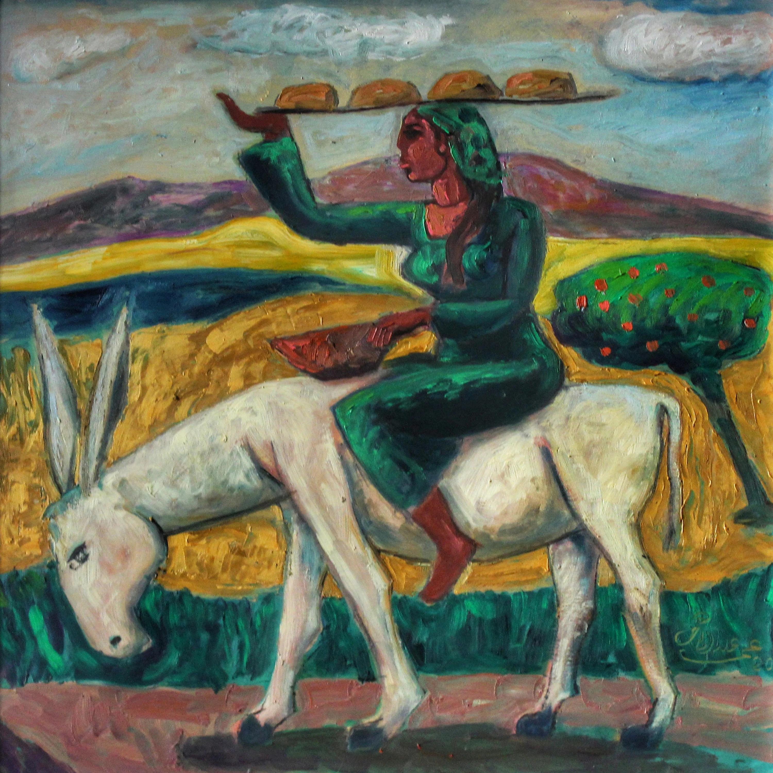  Fellaha on Mule  - Peinture à l'huile 20  x 20  pouces par Omar Abdel Zaher