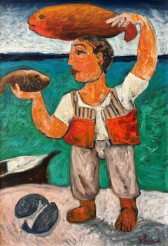 Peinture à l'huile « Fisherman » (Fisherman) - 27,5" x 19" pouces par Omar Abdel Zaher