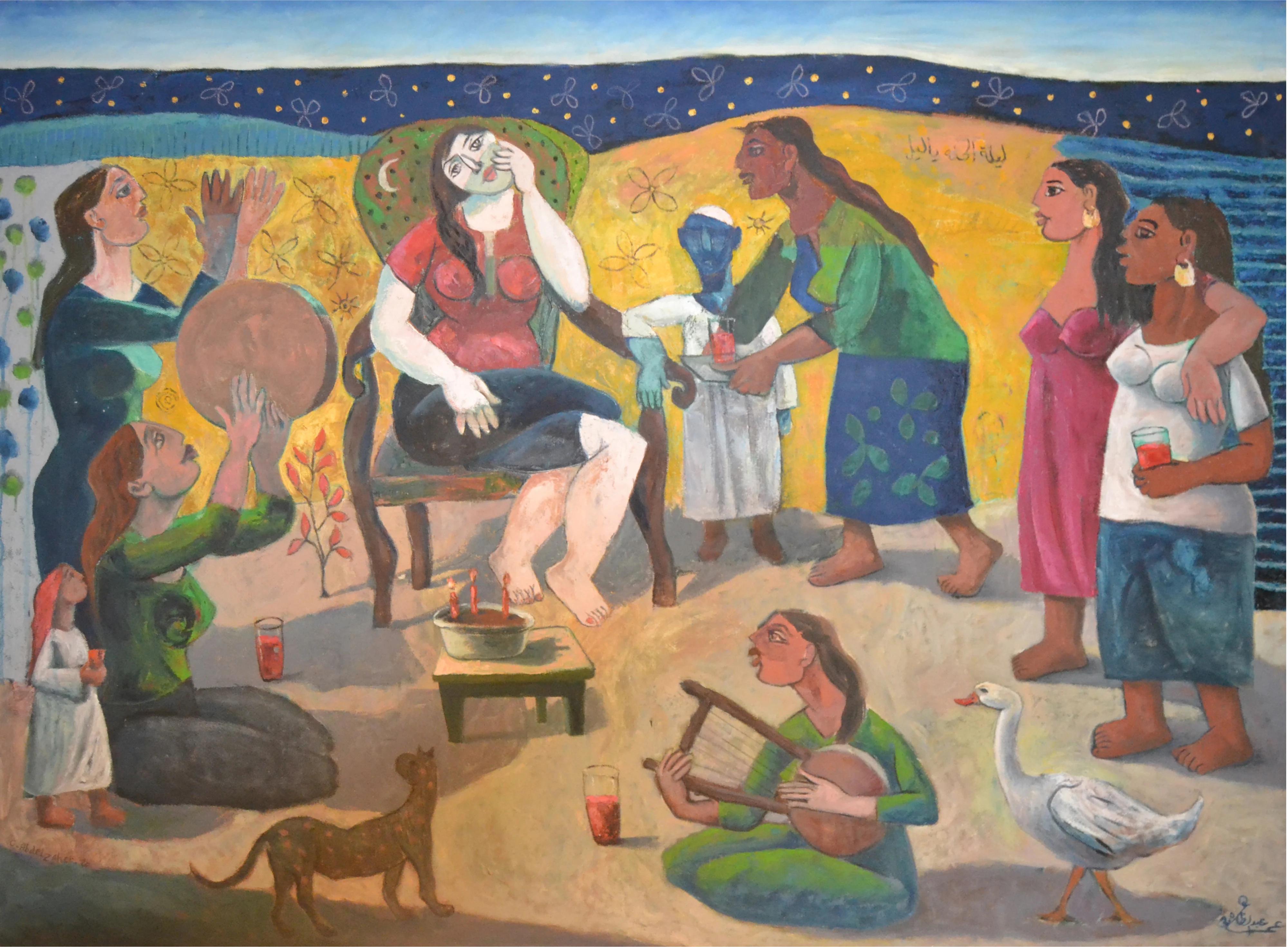 „Folkloric Musicians“, Ölgemälde 59" x 87" Zoll von Omar Abdel Zaher

Abdel Zaher ist Absolvent der Akademie der Schönen Künste in Helwan und malt seit drei Jahrzehnten. Er war bereits in einer Reihe von Kollektivausstellungen vertreten, darunter im
