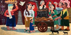 "Friday Market" Peinture à l'huile 39" x 79" pouces par Omar Abdel Zaher
