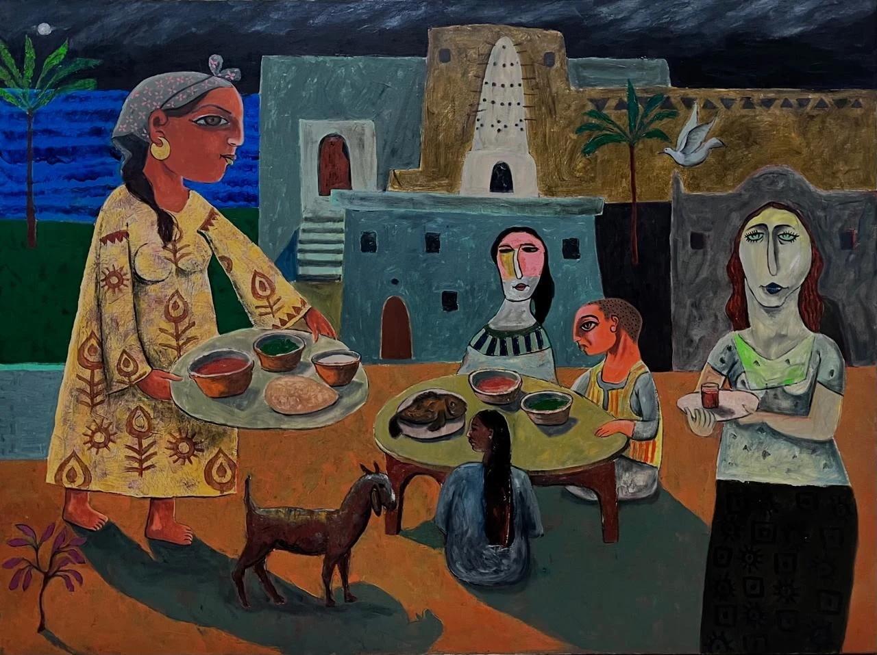 "Gathering" Figurative Oil Painting 43" x 63" inch by Omar Abdel Zaher