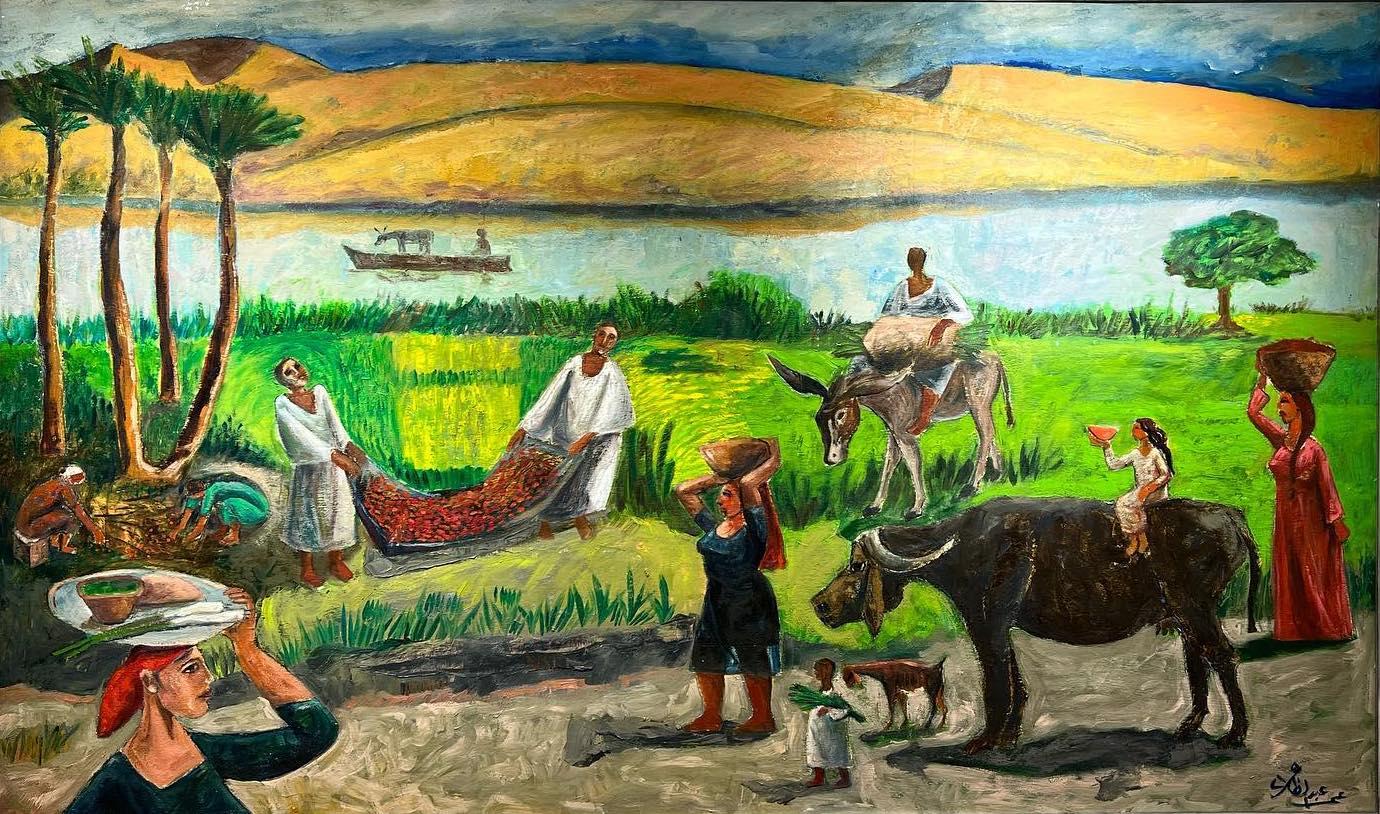 "Harvest by the Nile" Oil painting 39" x 79" inch by Omar Abdel Zaher