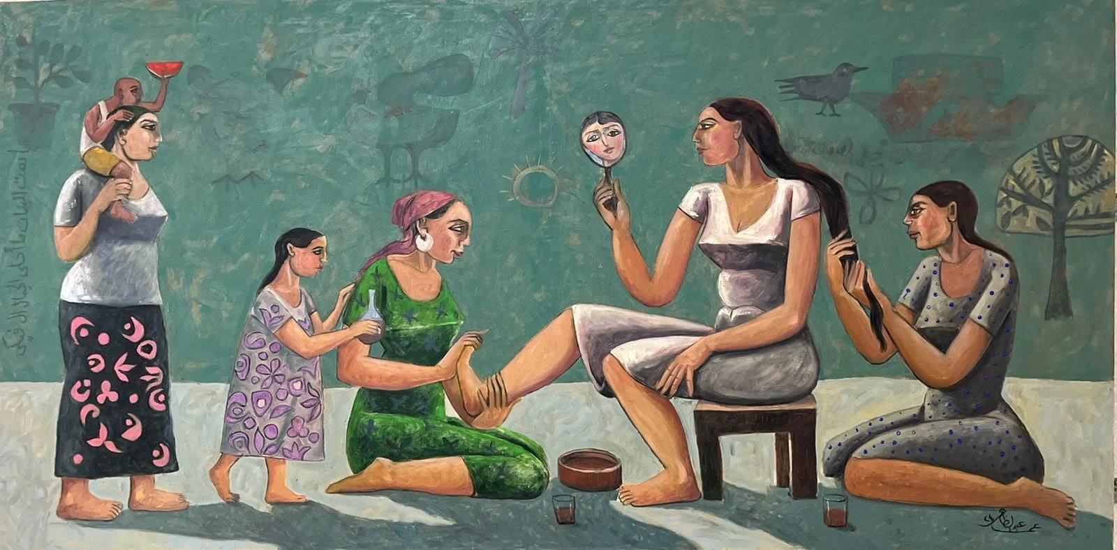 "Notte all'henné" Pittura ad olio figurativa da 39" x 79" pollici di Omar Abdel Zaher