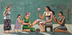 "Notte all'henné" Pittura ad olio figurativa da 39" x 79" pollici di Omar Abdel Zaher