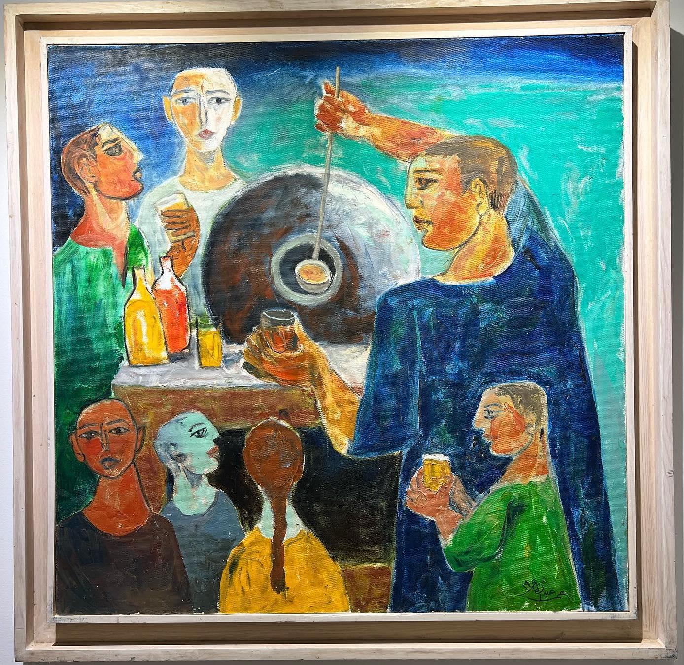 „Hummas Merchant“ (FRAMED) Figuratives Ölgemälde 35 x 35 in von Omar Abdel Zaher im Angebot 1