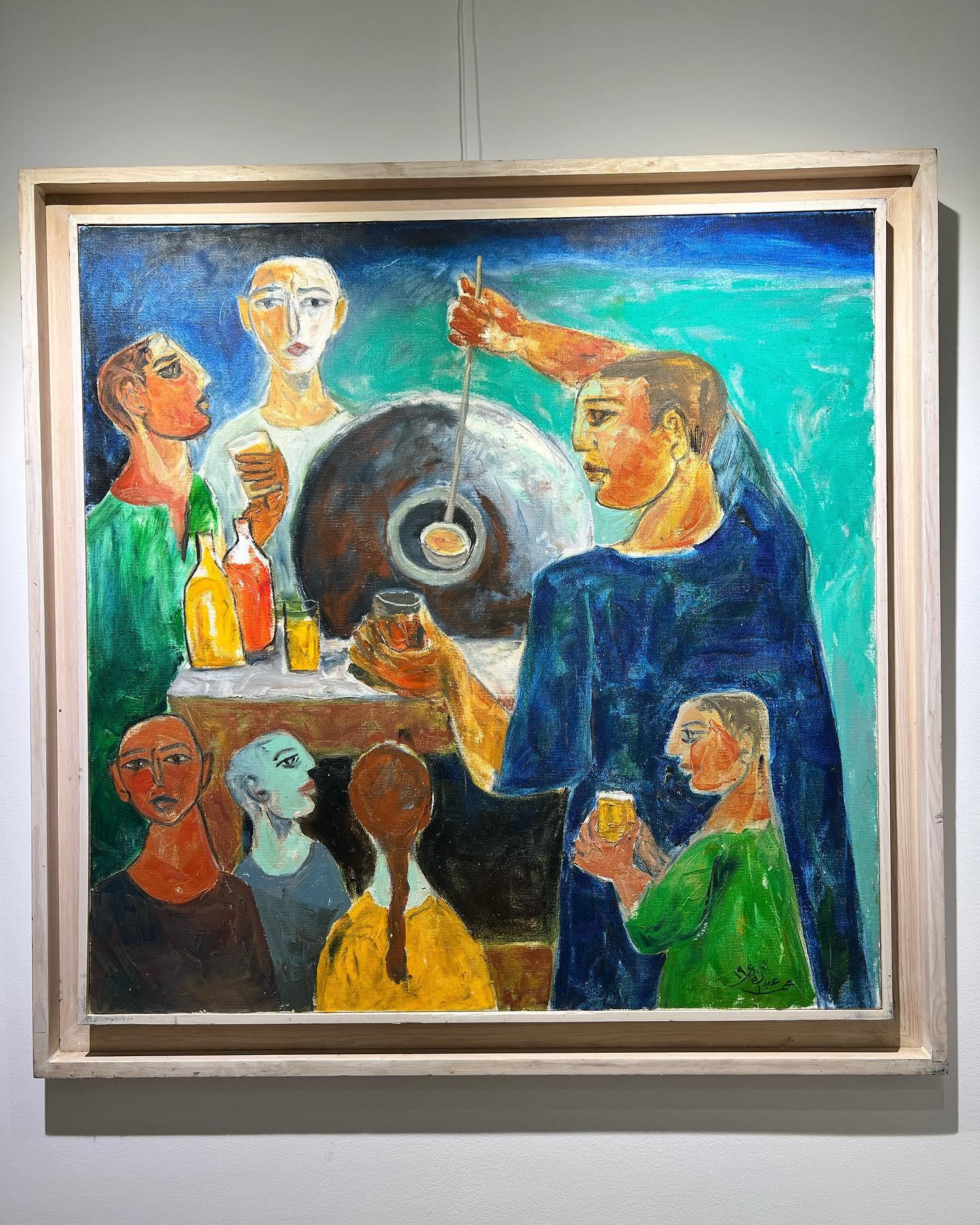 „Hummas Merchant“ (FRAMED) Figuratives Ölgemälde 35 x 35 in von Omar Abdel Zaher im Angebot 2