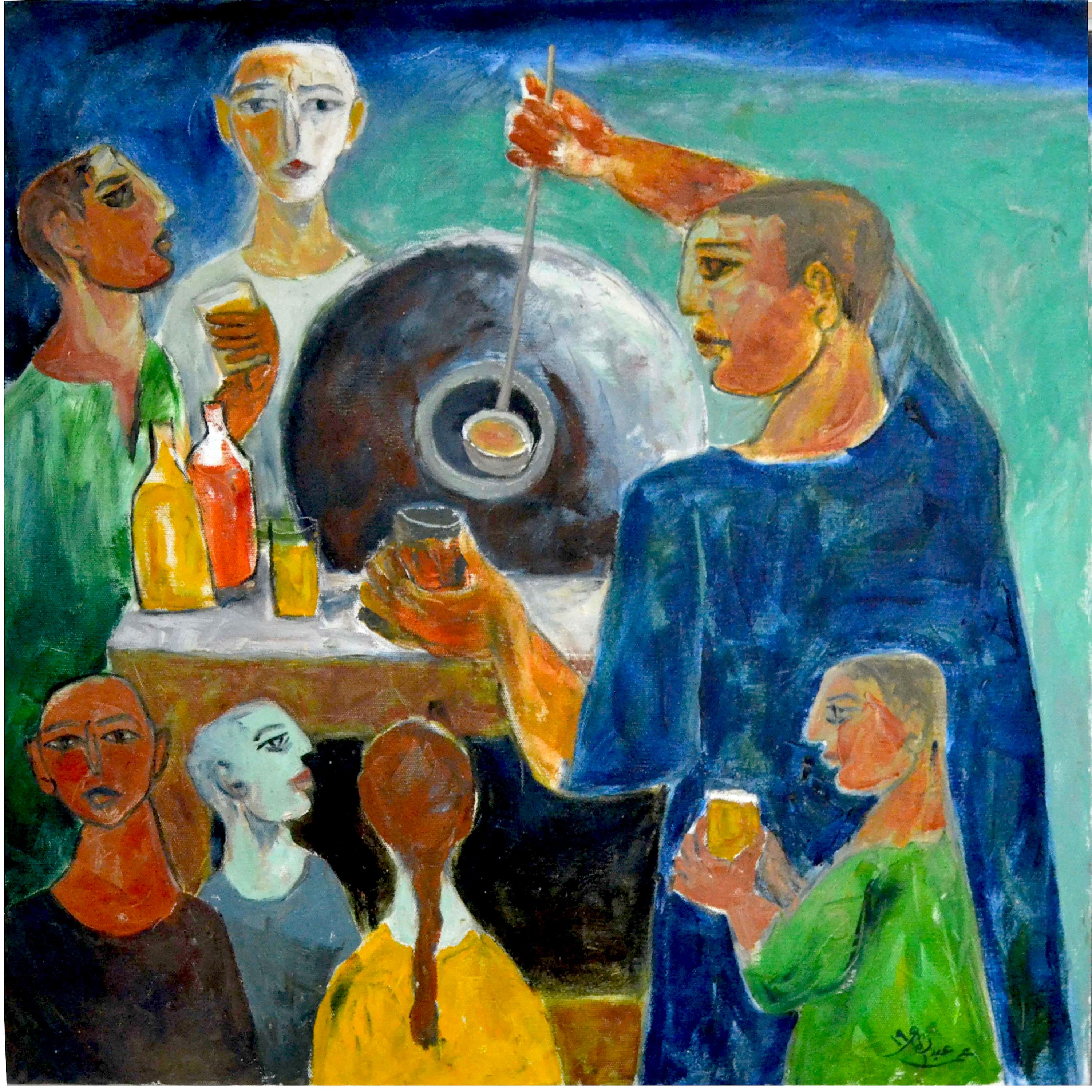 "Hummas Merchant" Peinture à l'huile 35"" x 35" pouces par Omar Abdel Zaher