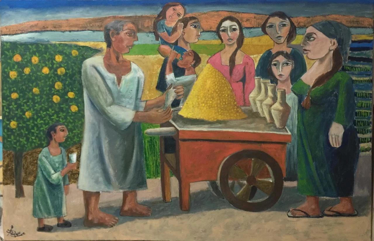 "Hummus Cart" Figurative Oil Painting 39" x 59" inch by Omar Abdel Zaher


Abdel Zaher is a graduate of the Academy of Fine Arts in Helwan and has been painting for three decades and has notably featured in a variety of collective exhibitions,