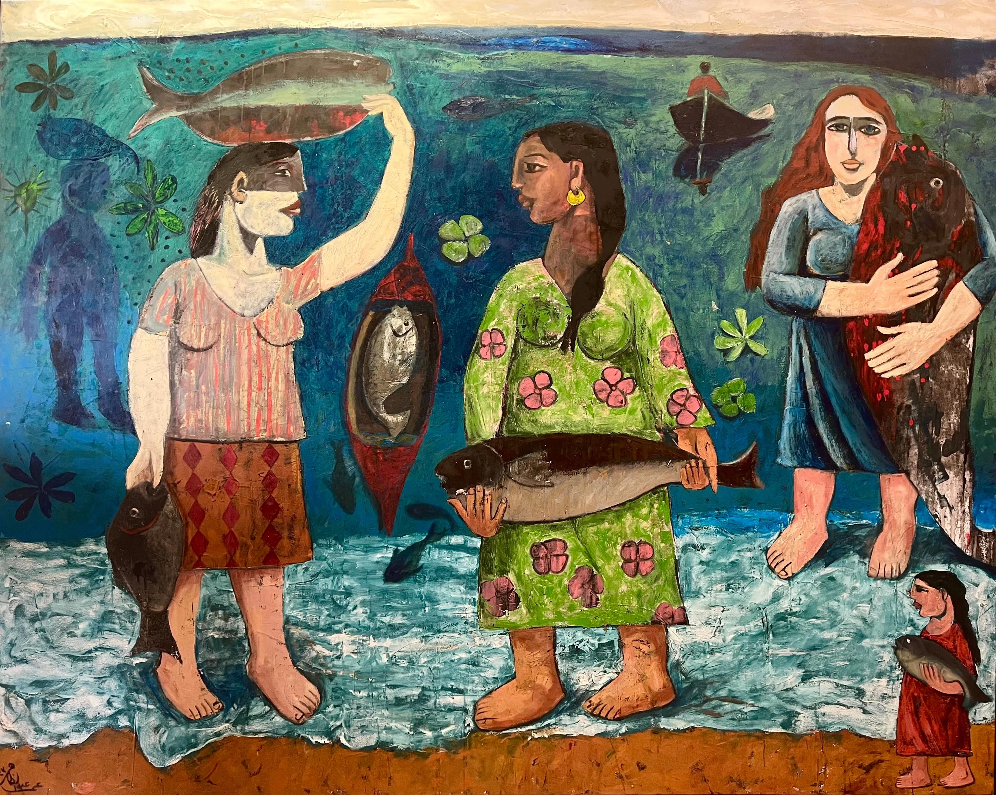 Peinture à l'huile « Marine Maternal » de 68" x 86" pouces par Omar Abdel Zaher