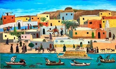 Peinture à l'huile figurative Nubian Village de 59" x 98" pouces par Omar Abdel Zaher
