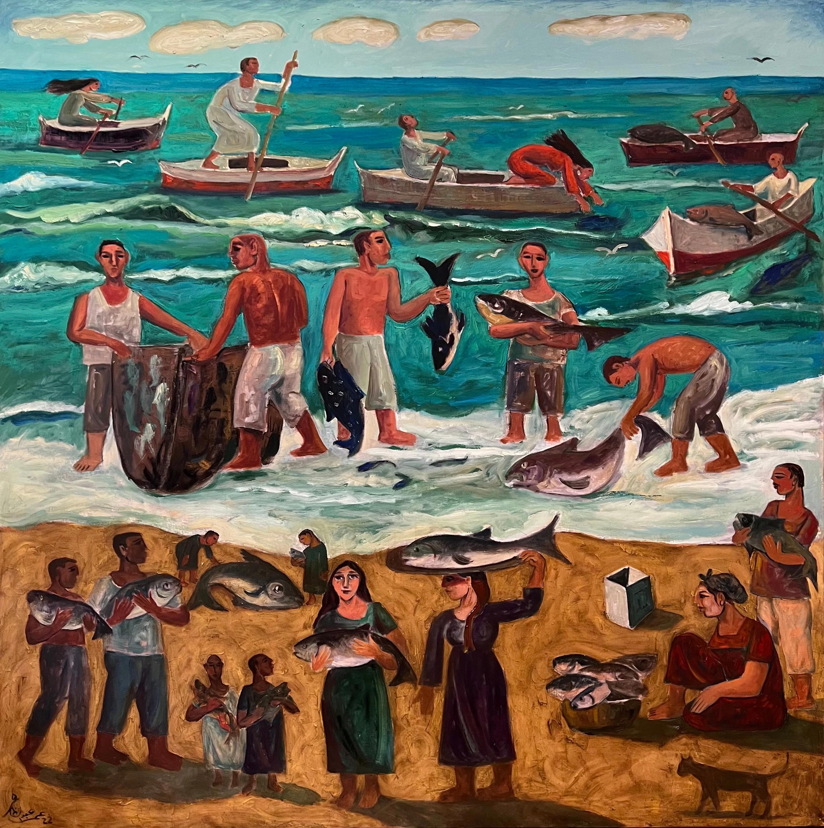 "Ocean's Bounty" Oil painting 59" x 59" inch by Omar Abdel Zaher

Abdel Zaher is a graduate of the Academy of Fine Arts in Helwan and has been painting for three decades and has notably featured in a variety of collective exhibitions, including