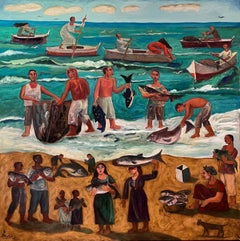 Peinture à l'huile « Ocean's Bounty » de 59" x 59" pouces par Omar Abdel Zaher