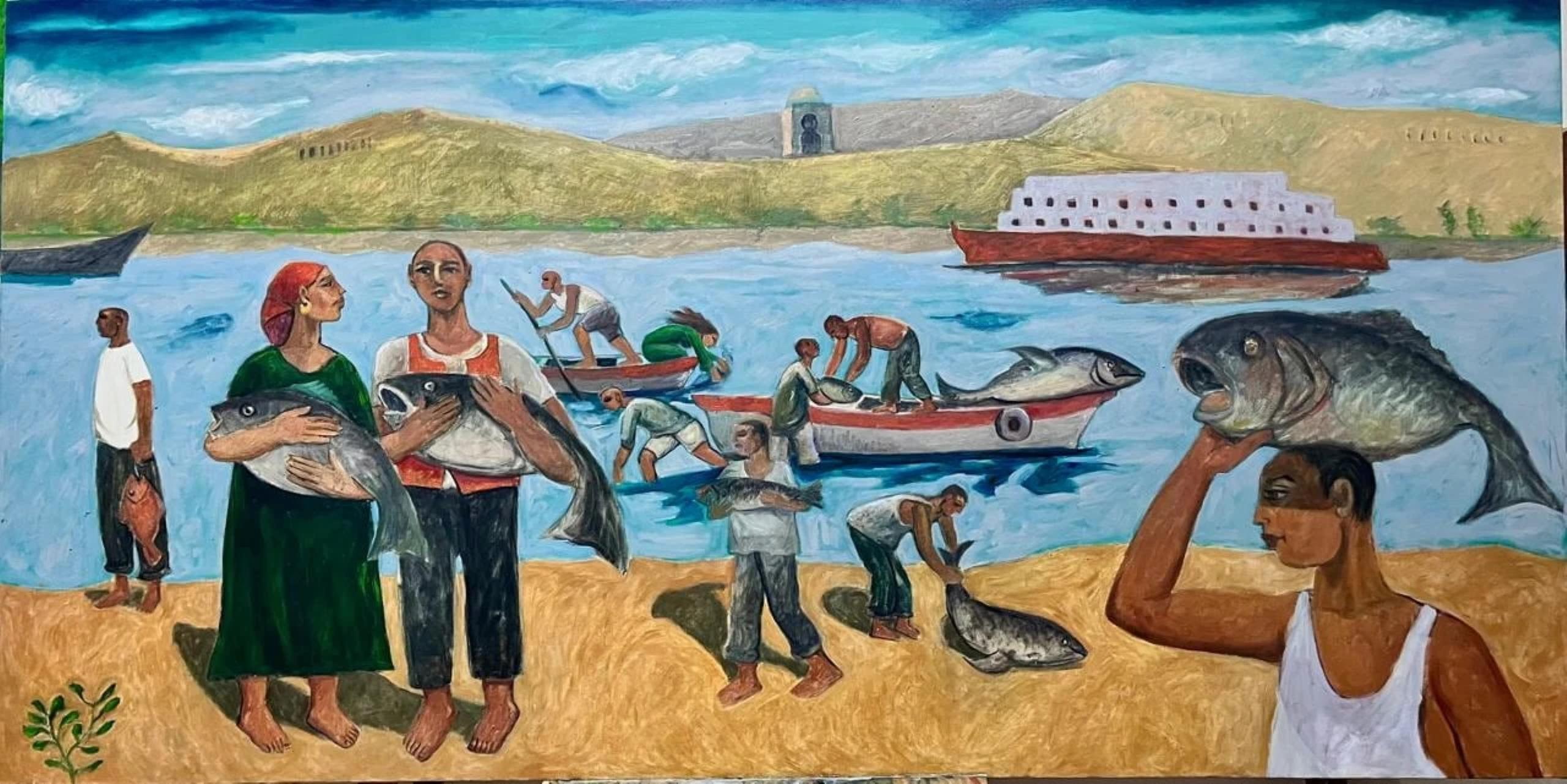 "Sur la banque" Peinture à l'huile figurative 39" x 79" inch par Omar Abdel Zaher