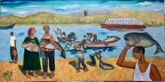 "Sur la banque" Peinture à l'huile figurative 39" x 79" inch par Omar Abdel Zaher