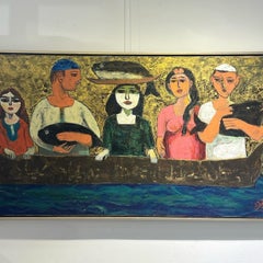 "River's Bounty" Oil painting 24" x 47" inch by Omar Abdel Zaher