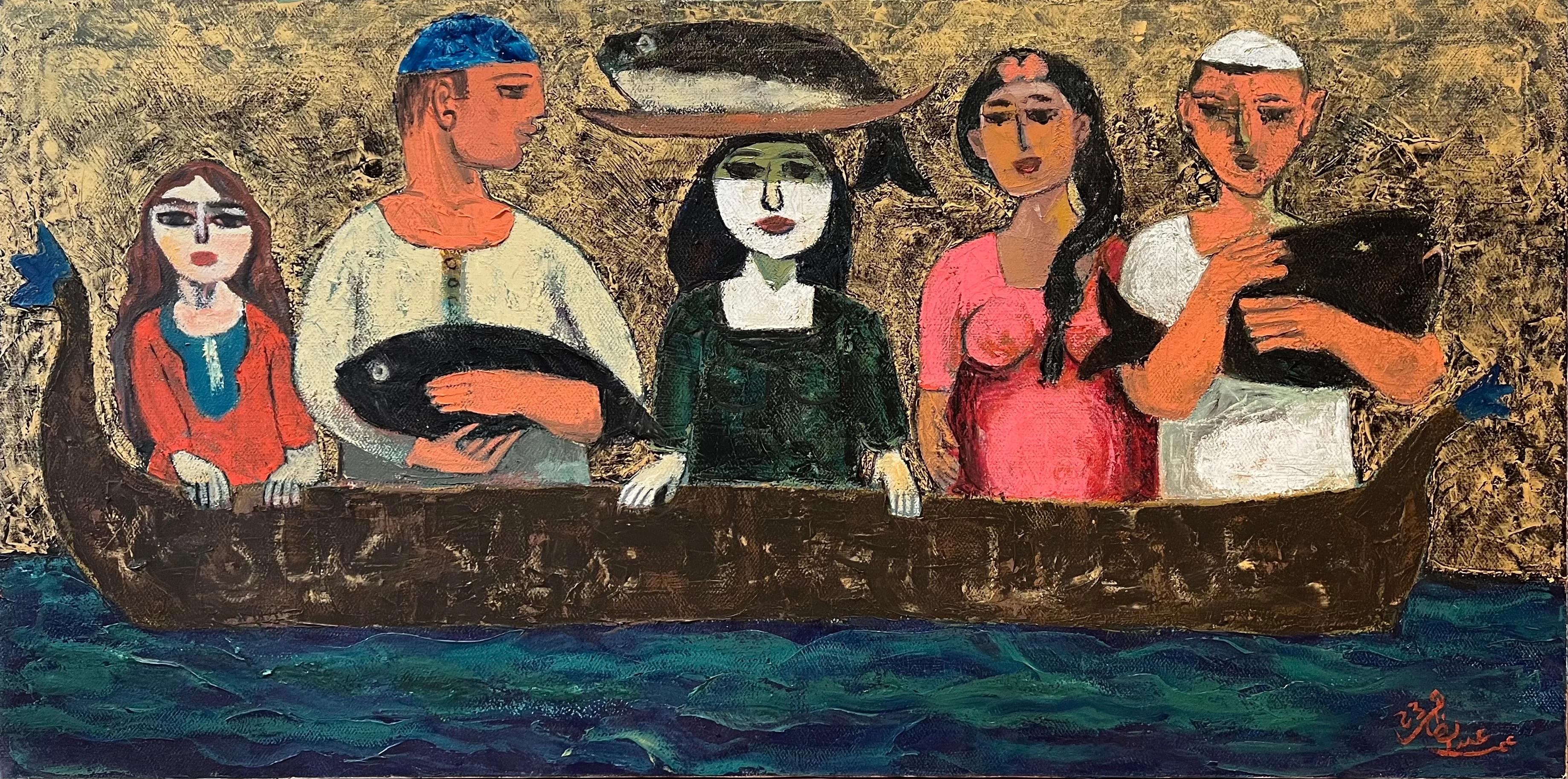 „River's Bounty“ Ölgemälde 24" x 47" Zoll von Omar Abdel Zaher

Abdel Zaher ist Absolvent der Akademie der Schönen Künste in Helwan und malt seit drei Jahrzehnten. Er war bereits in einer Reihe von Kollektivausstellungen vertreten, darunter im Salon