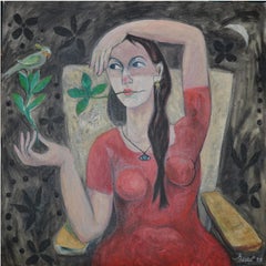 "Seated Woman with Parakeet" Oil painting 31" x 31" inch by Omar Abdel Zaher