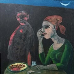 "Solitary Dinner" Oil painting 39" x 39" inch by Omar Abdel Zaher