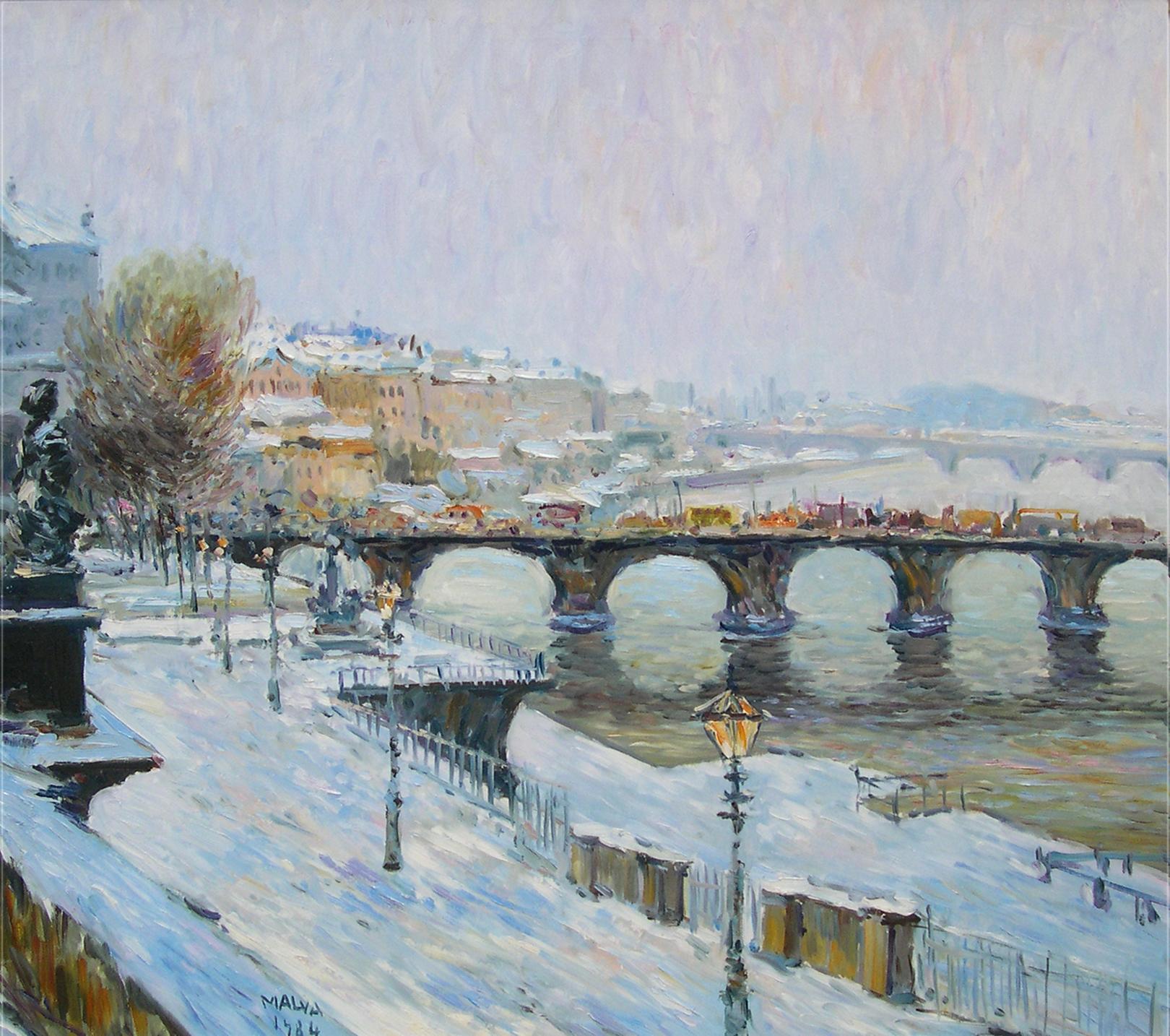 Omar Hamdi Malva Still-Life Painting - "Bridges in Snow", Malva, Oil/Canvas, Impressionist Landscape, 28x32 in. 