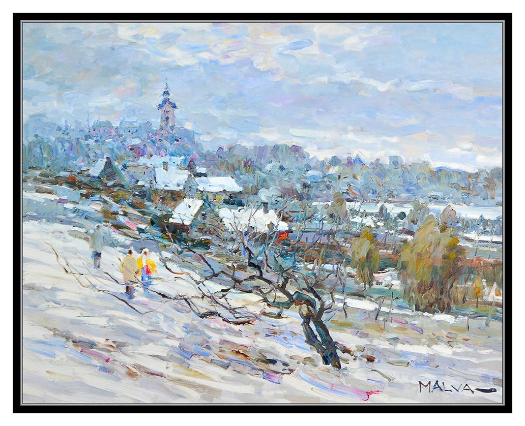 Grande peinture à l'huile originale sur toile encadrée Omar Malva, œuvre d'art encadrée de paysage - Post-impressionnisme Painting par Omar Hamdi Malva