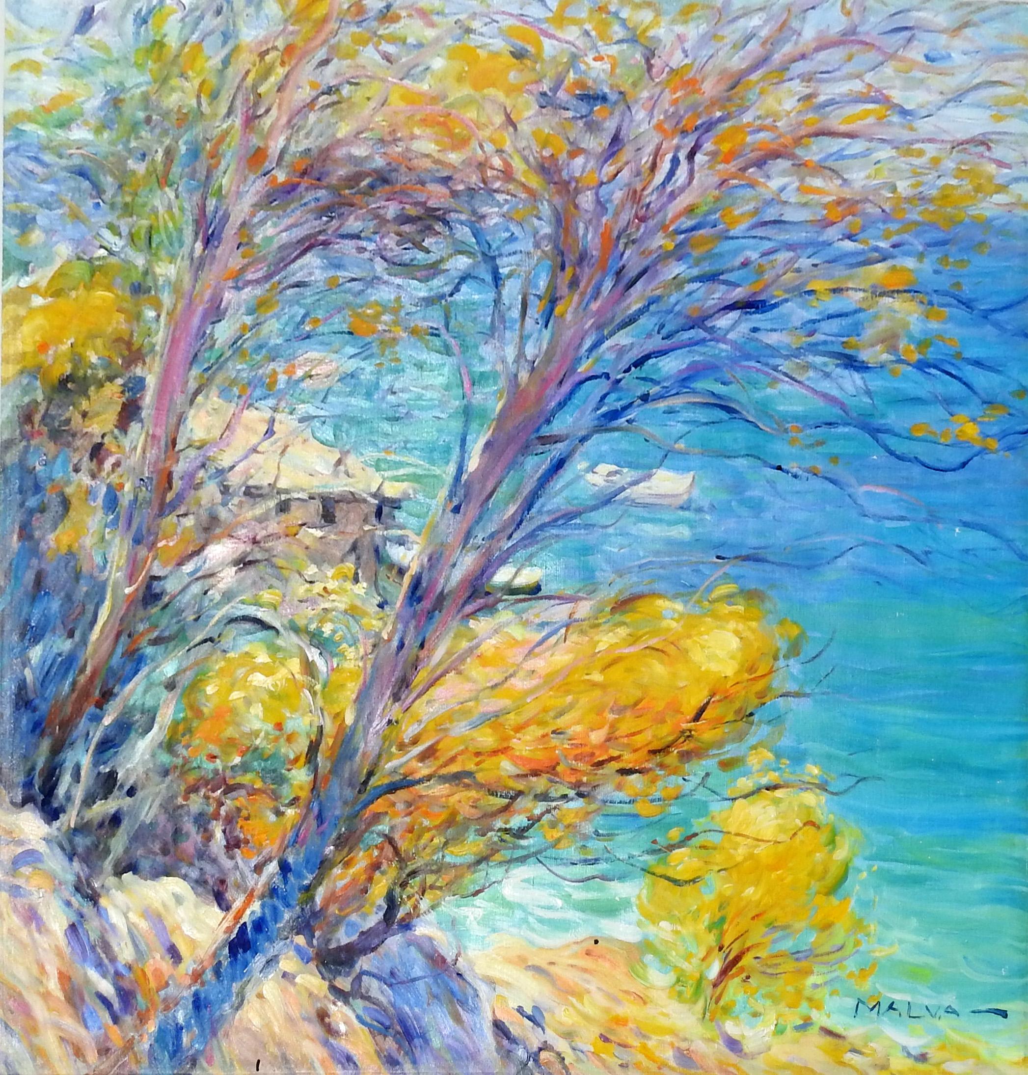 "Riviera Coast", Malva, Original Oil/Canvas, Impressionist Landscape, 32x32 in. 