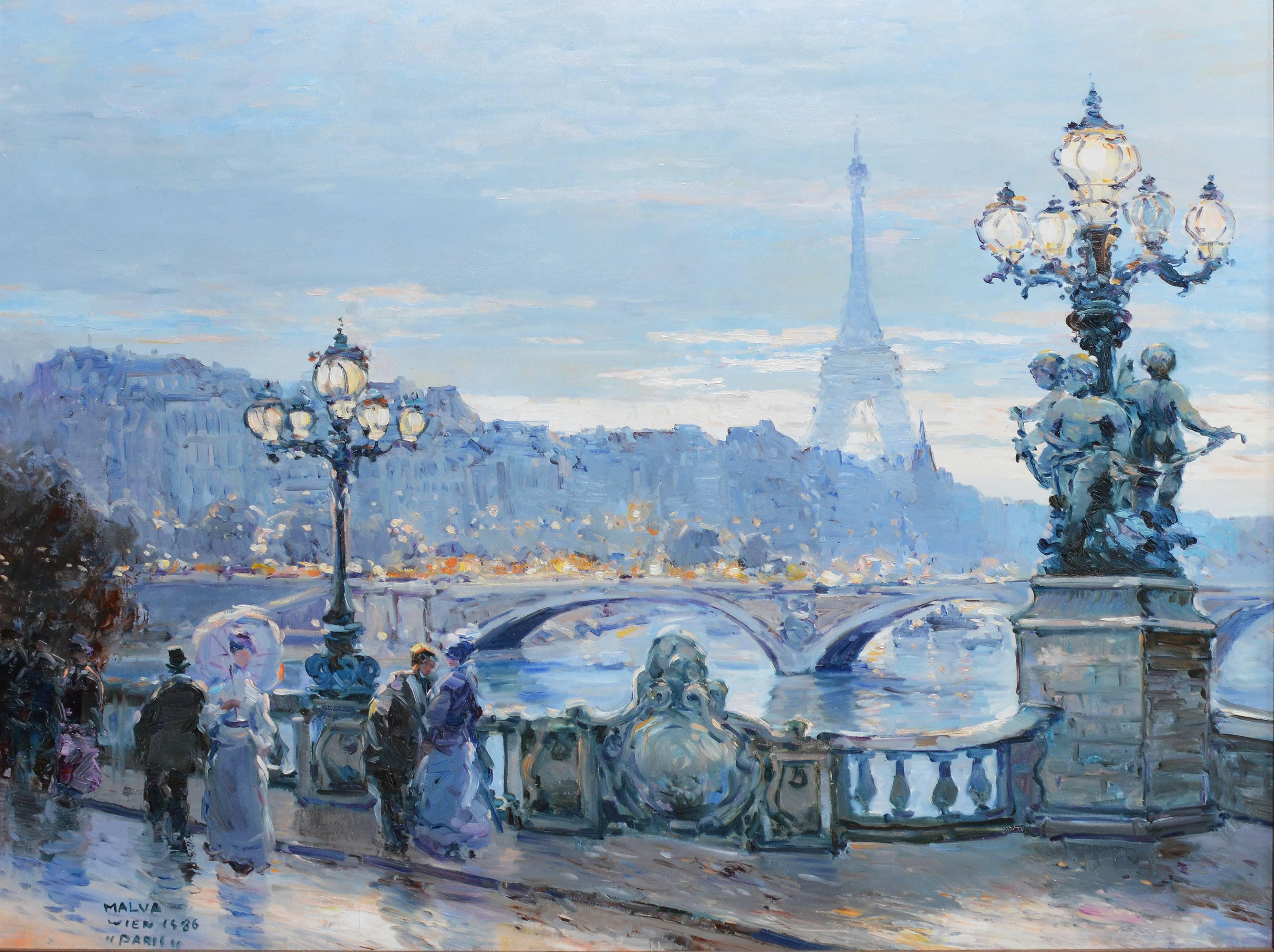 Impressionist view of Paris with the Eiffel Tower by Omar Hamdi Malva  (born 1951).  Oil on canvas, circa 1986.  Signed.  Displayed in a giltwood frame.  Image size, 38