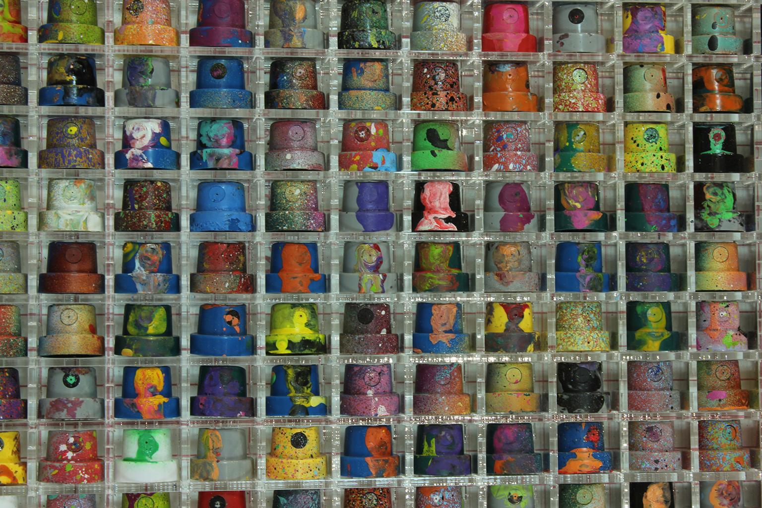 Omar Hassan "Cap 589" mixed media spray paint can cap artwork by