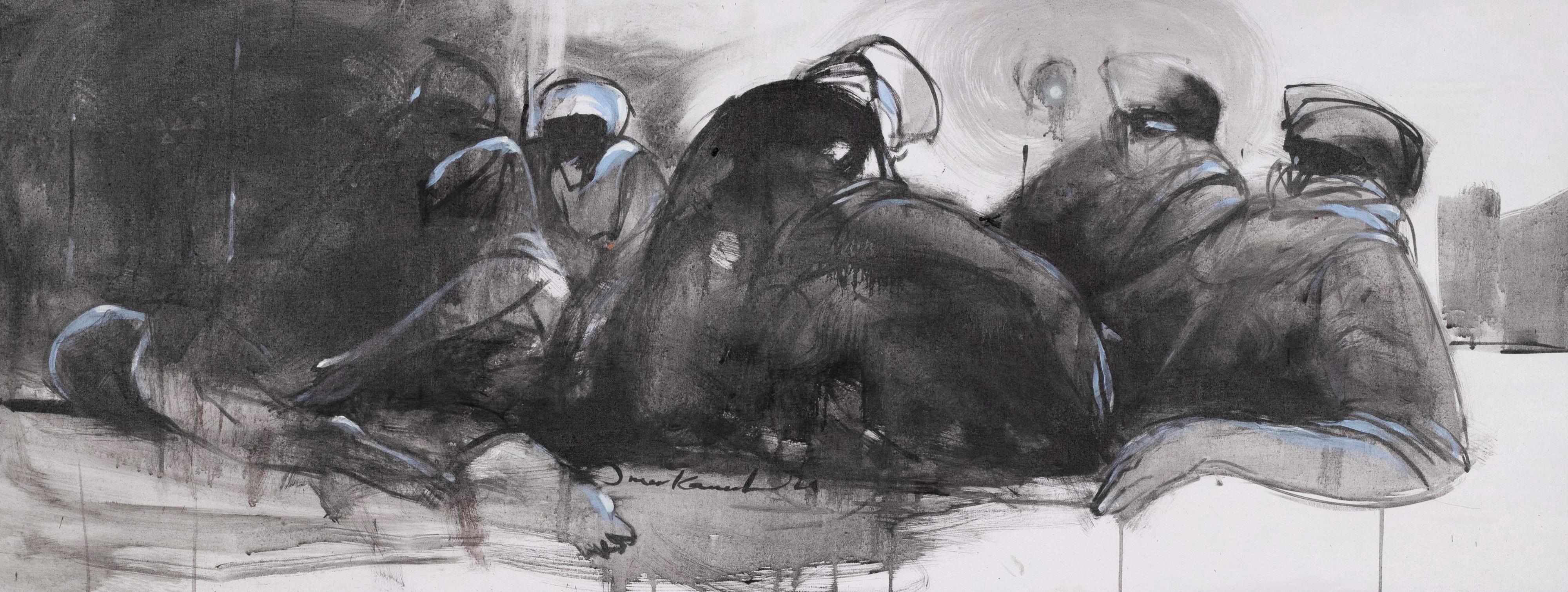 Omar Kamal El Din Figurative Painting - A Hard Day - Painting Grey White Black Blue