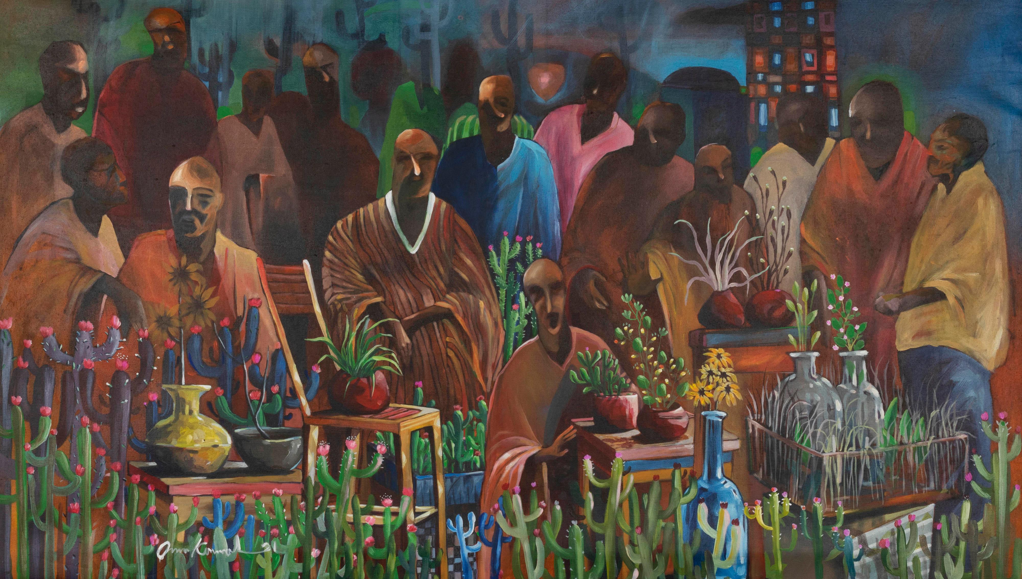 Abstract Painting Omar Kamal El Din - Peinture figurative Vert Bleu Gris Rouge Noir Lilas Rose Brown