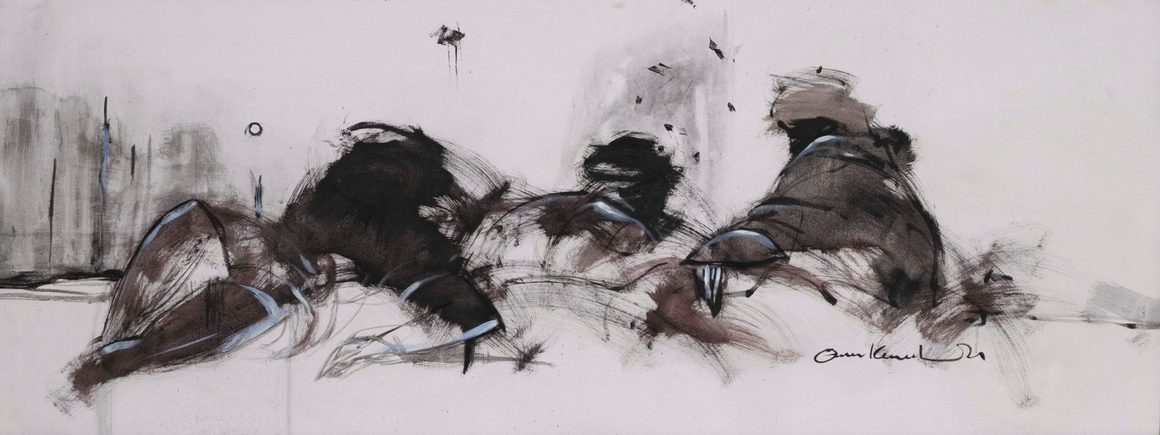 Omar Kamal El Din Figurative Painting - Heat - Painting Grey White Black Blue