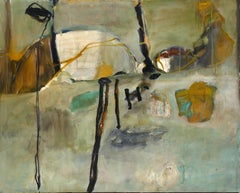 Modern Neutral-Toned Abstract Expressionist Painting in Yellow, Green, and Blue