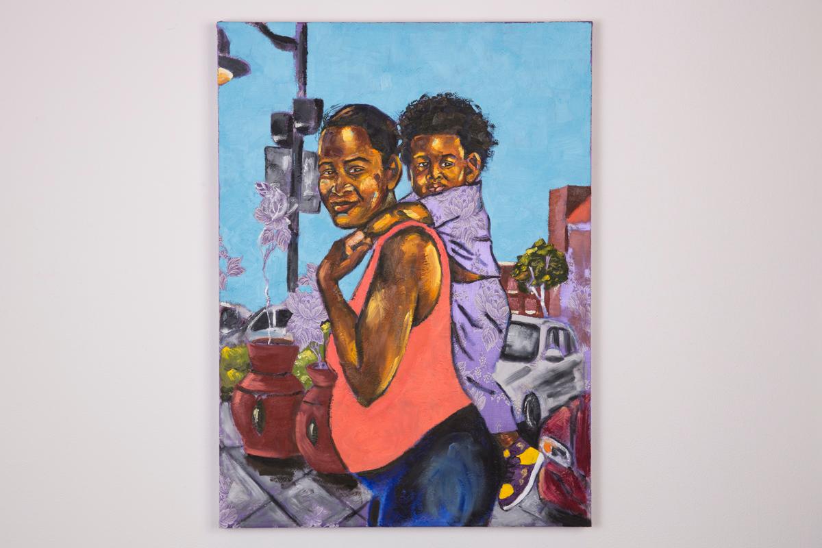 Portrait de jeune garçon avec une mère grosse sur tissu violet « BLACK BOY FLY » - Painting de Omari Booker