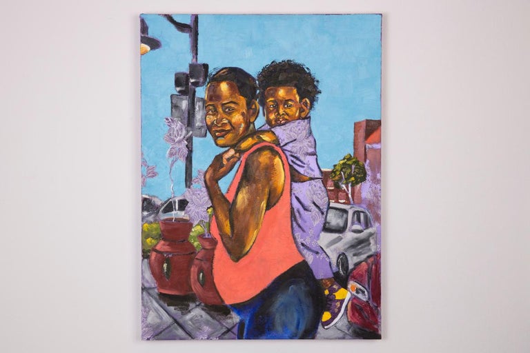 BLACK BOY FLY - Portrait of young boy with pregnant mother on purple fabric - Painting by Omari Booker