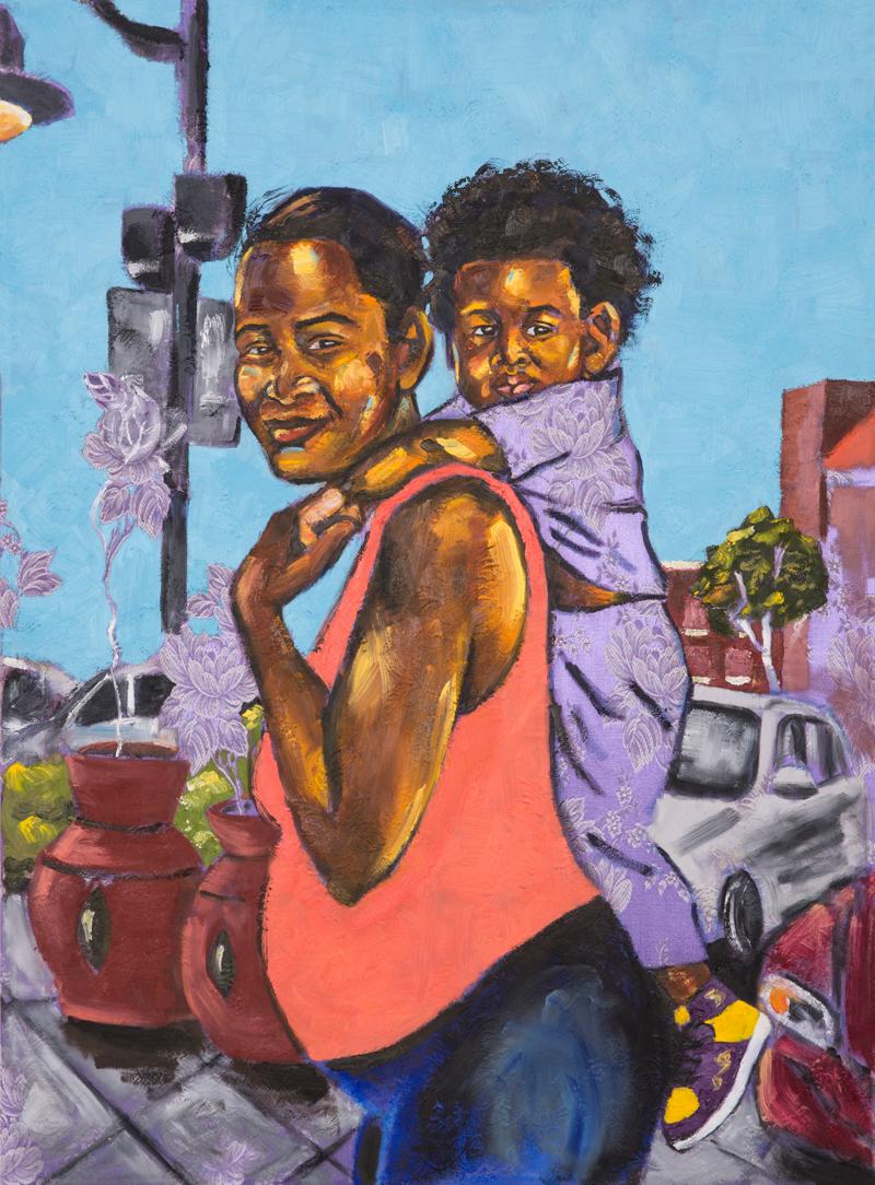 Portrait Painting Omari Booker - Portrait de jeune garçon avec une mère grosse sur tissu violet « BLACK BOY FLY »