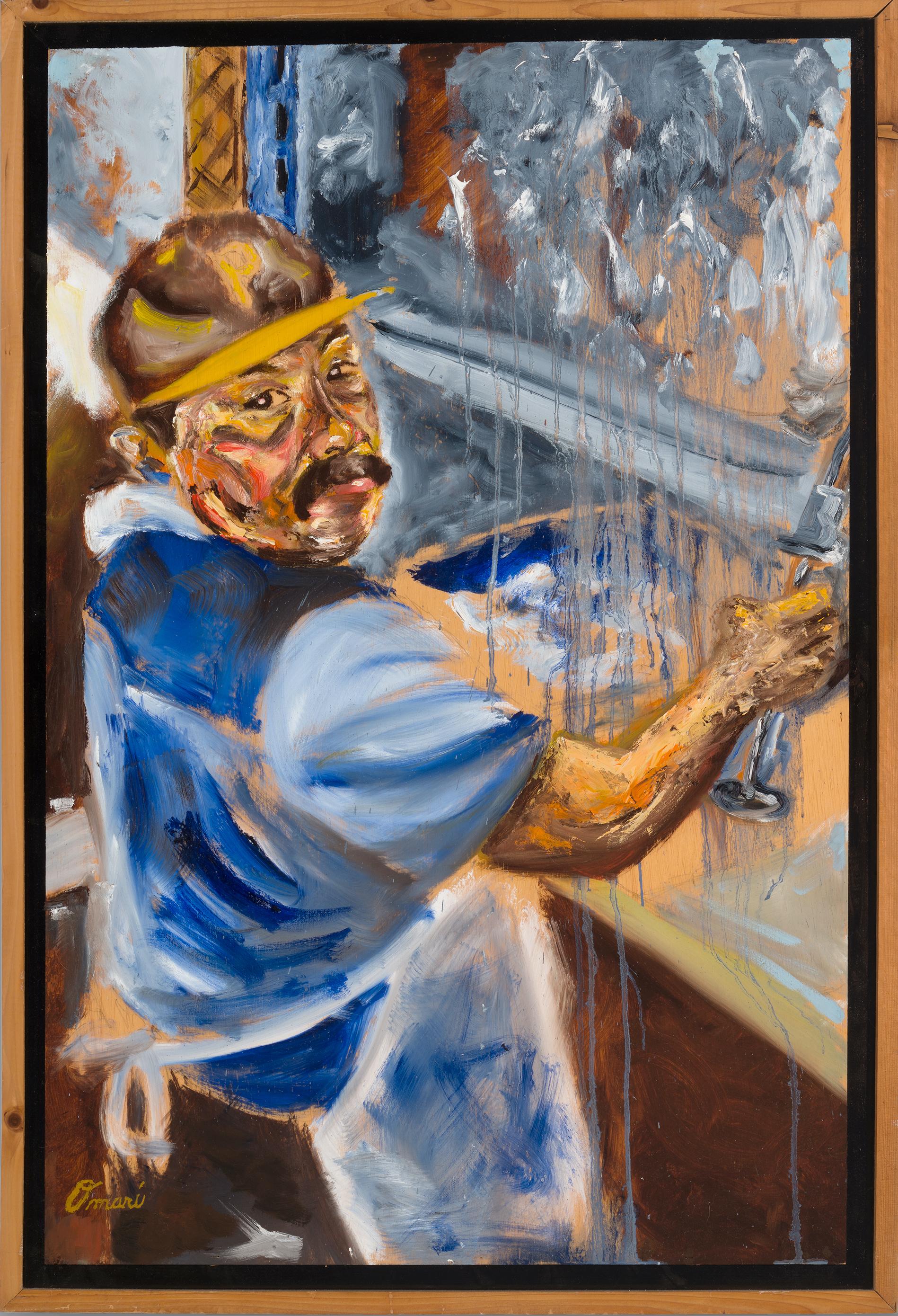 Figurative Painting di Omari Booker - ESSENTIAL - Pittura a olio di un lavapiatti operaio essenziale di nome Raymundo