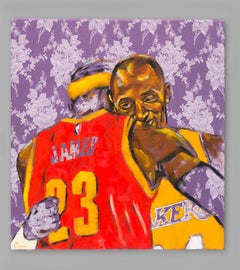 FOR KOBE - Kobe Bryant & Lebron James Embrace Oil Painting on Purple Fabric