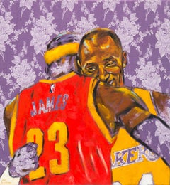 FOR KOBE - Kobe Bryant & Lebron James Embrace Oil Painting on Purple Fabric