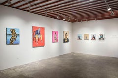 HIS FLOWERS - Portrait Painting on Fabric, Pink, Blue, Floral