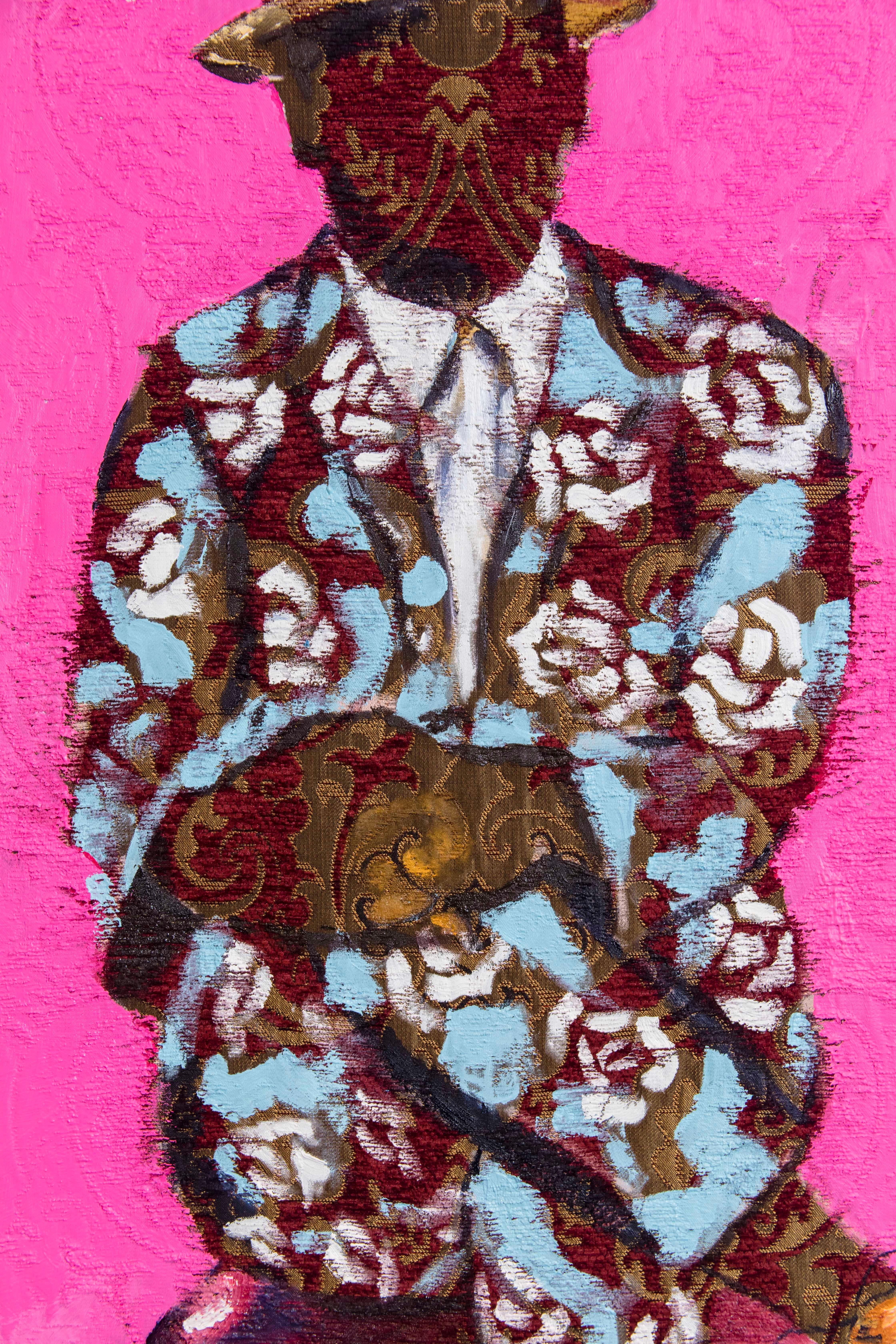 HIS FLOWERS - Portrait Painting on Fabric, Pink, Blue, Floral 2