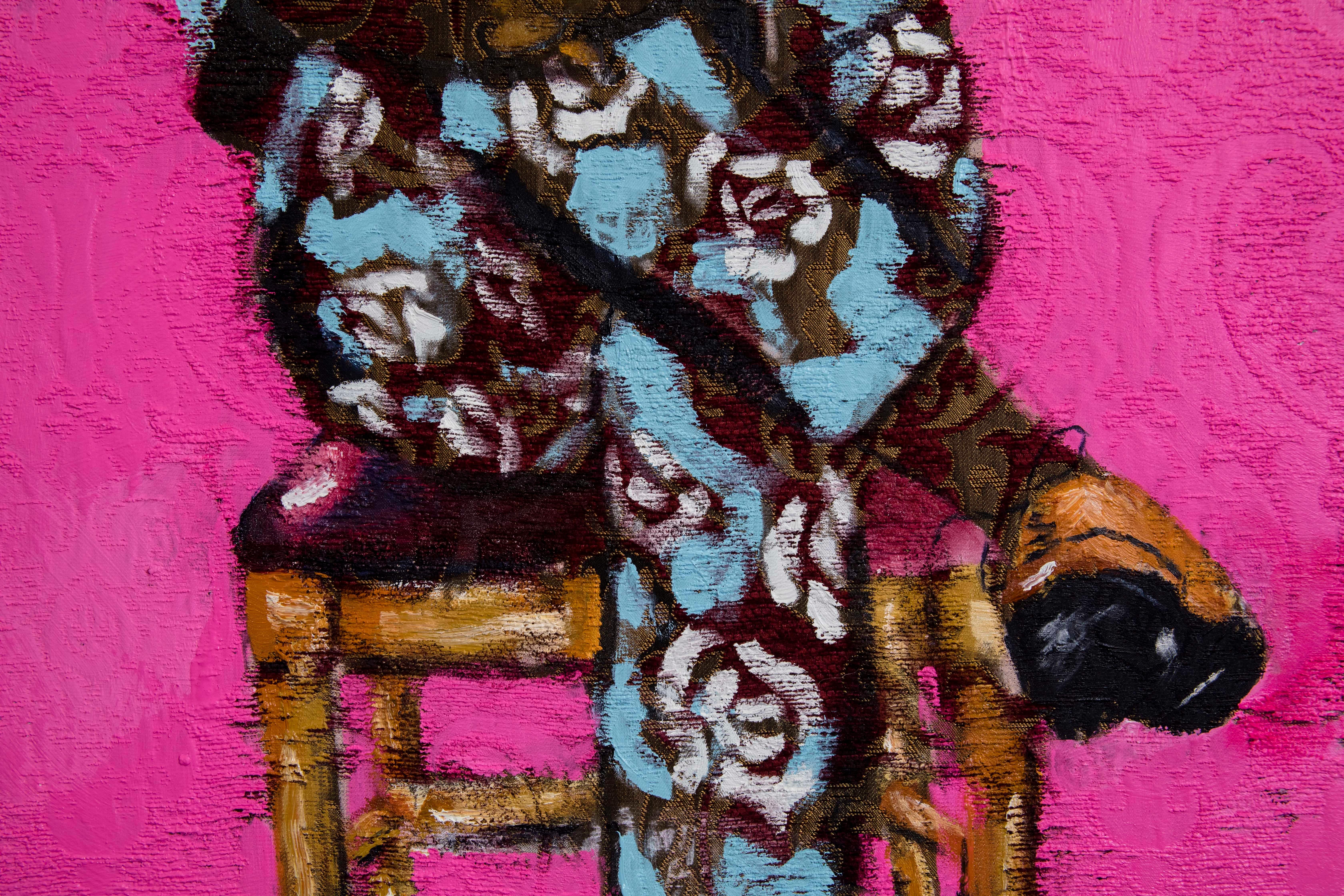 HIS FLOWERS - Portrait Painting on Fabric, Pink, Blue, Floral 4
