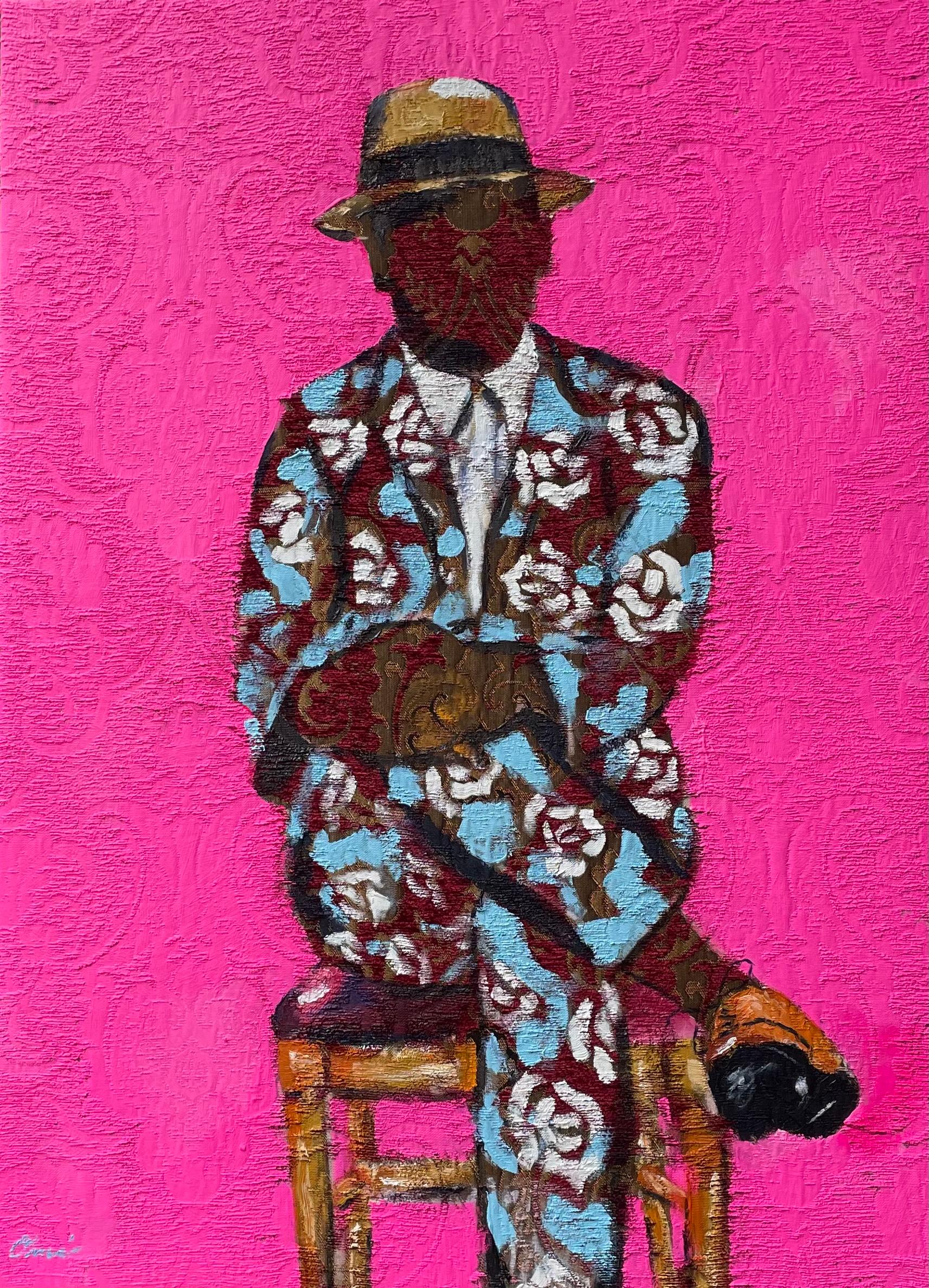 Omari Booker Figurative Painting - HIS FLOWERS - Portrait Painting on Fabric, Pink, Blue, Floral