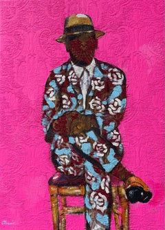 HIS FLOWERS - Portrait Painting on Fabric, Pink, Blue, Floral