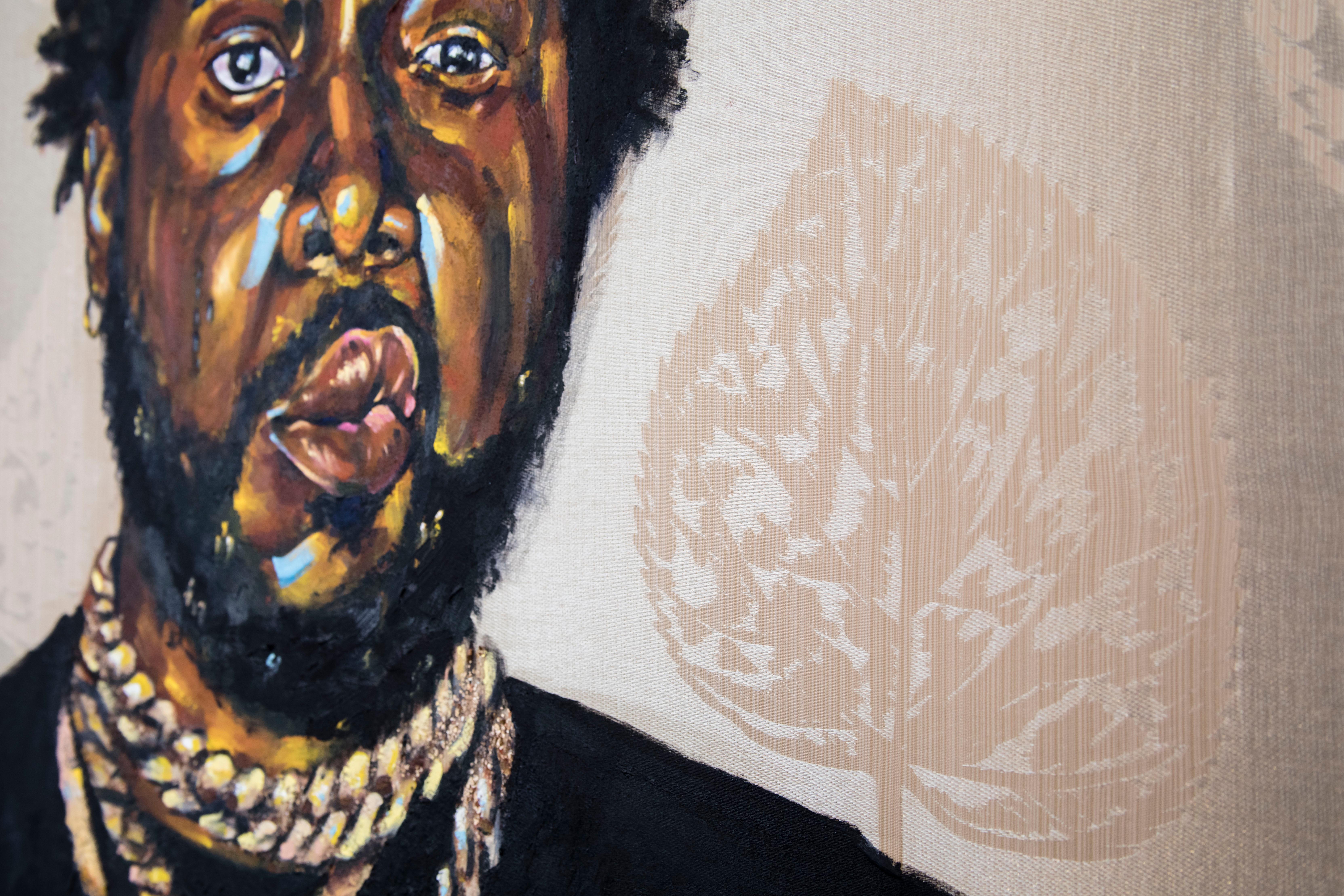 LA MAQUINA - Pintura Retrato de Conway the Machine, Rapero, Oro, Negro - Painting de Omari Booker