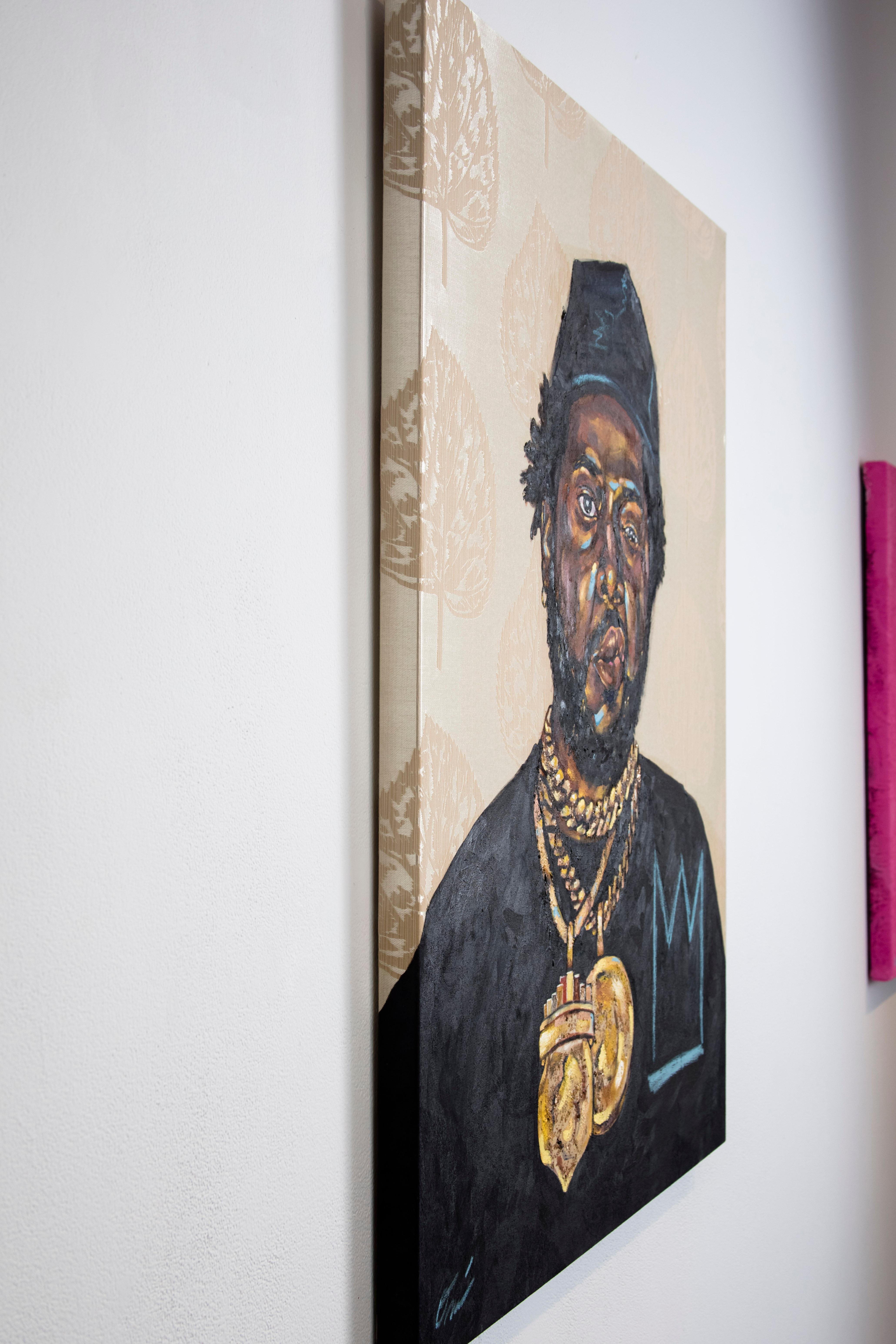LA MAQUINA - Portrait Painting of Conway the Machine, Rapper, Gold, Black - Beige Figurative Painting by Omari Booker