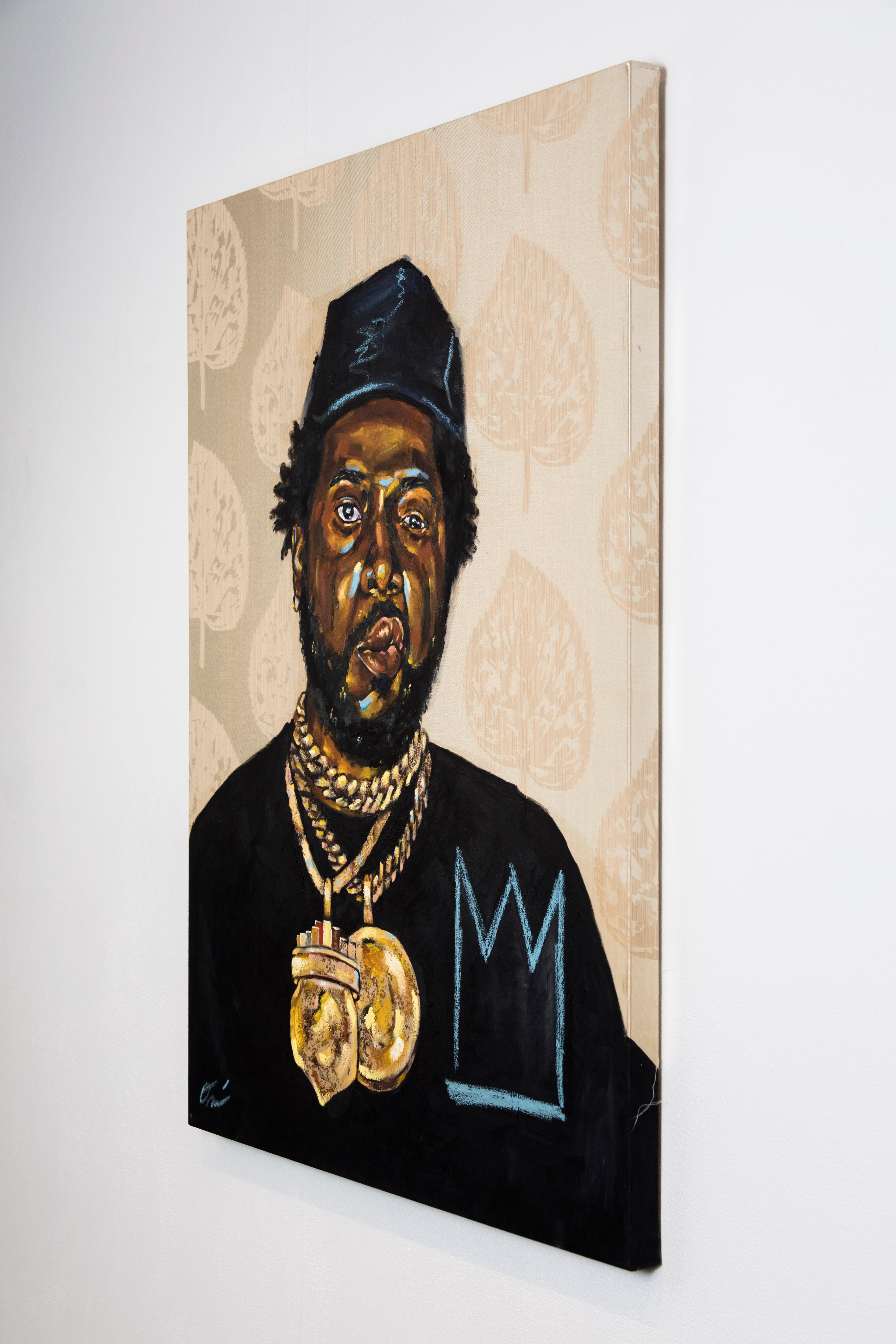 This painting is a portrait of the rapper, Conway The Machine. Rendered on Gold found fabric, Conway is centered in the composition, meeting the viewer's gaze with a brash expression. He wears a black hat, several gold chains, and a black shirt with